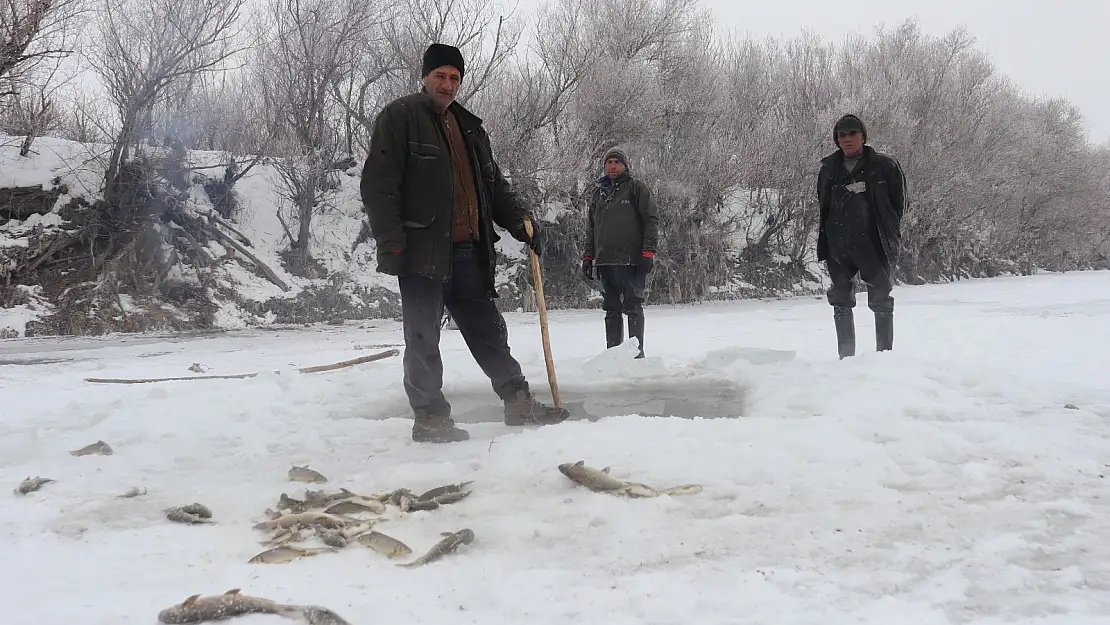 Ağrı'da balıkçılar eksi 30 derecede buzu kırıp balık avlıyor