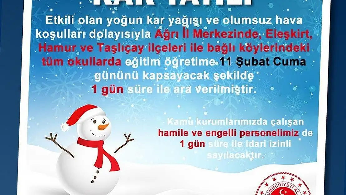 Ağrı'da eğitime kar engeli