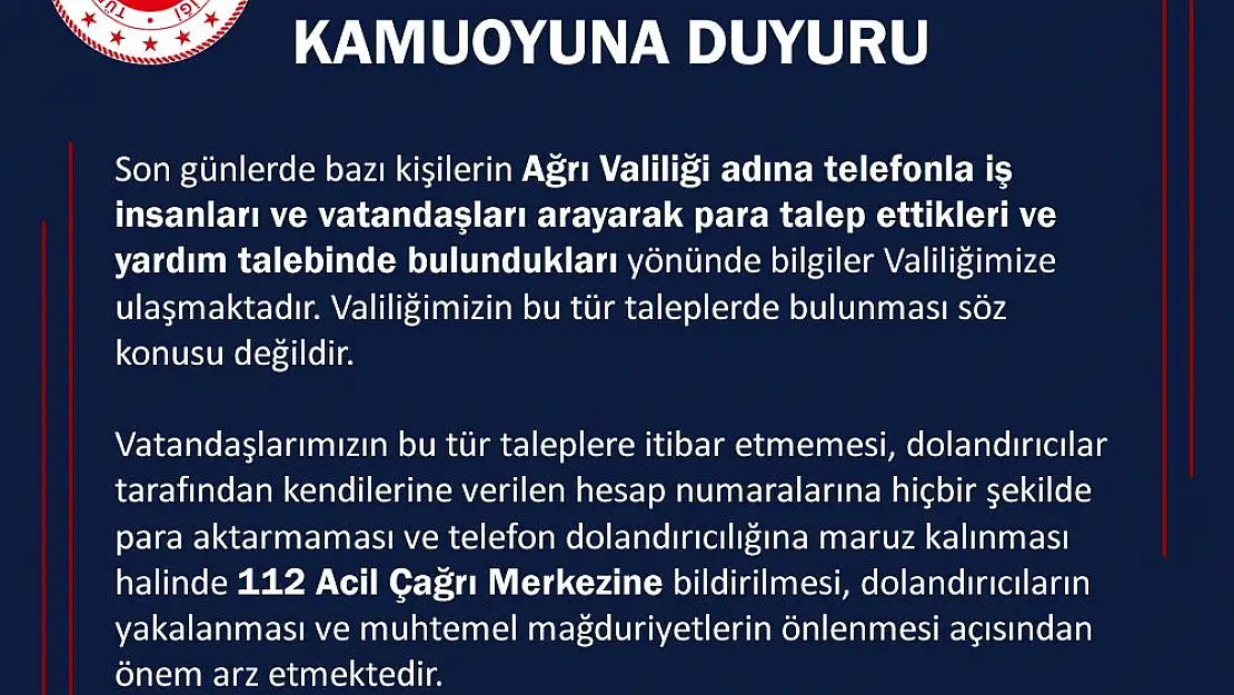 Ağrı Valiliği Uyardı !!!