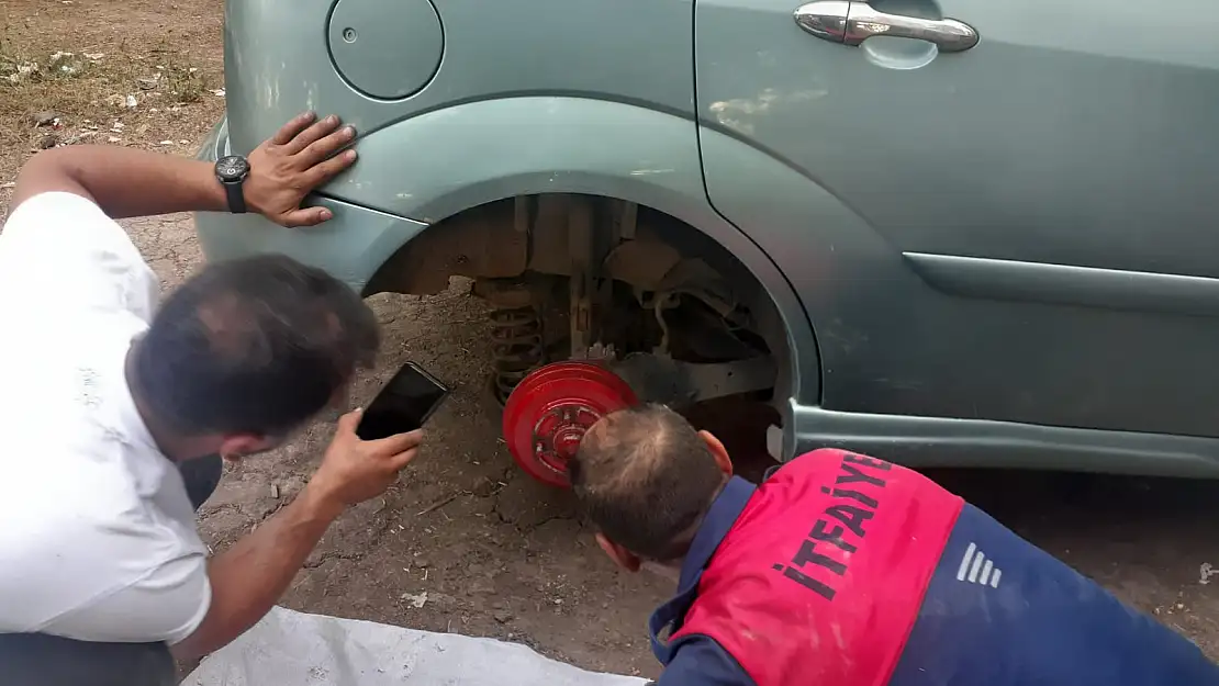 Ağrı'da otomobilin motor kısmına sıkışan kediyi itfaiye kurtardı