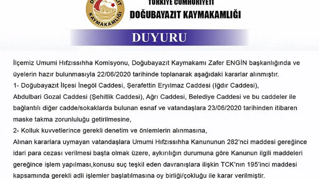 Doğubayazıt'ta maske takmak zorunlu hale getirildi