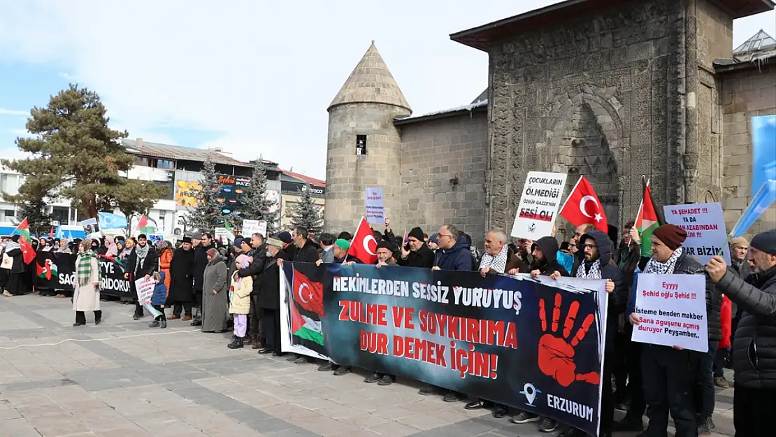 Erzurum'da sağlık çalışanları dondurucu soğuğa rağmen Gazze için yürüdü