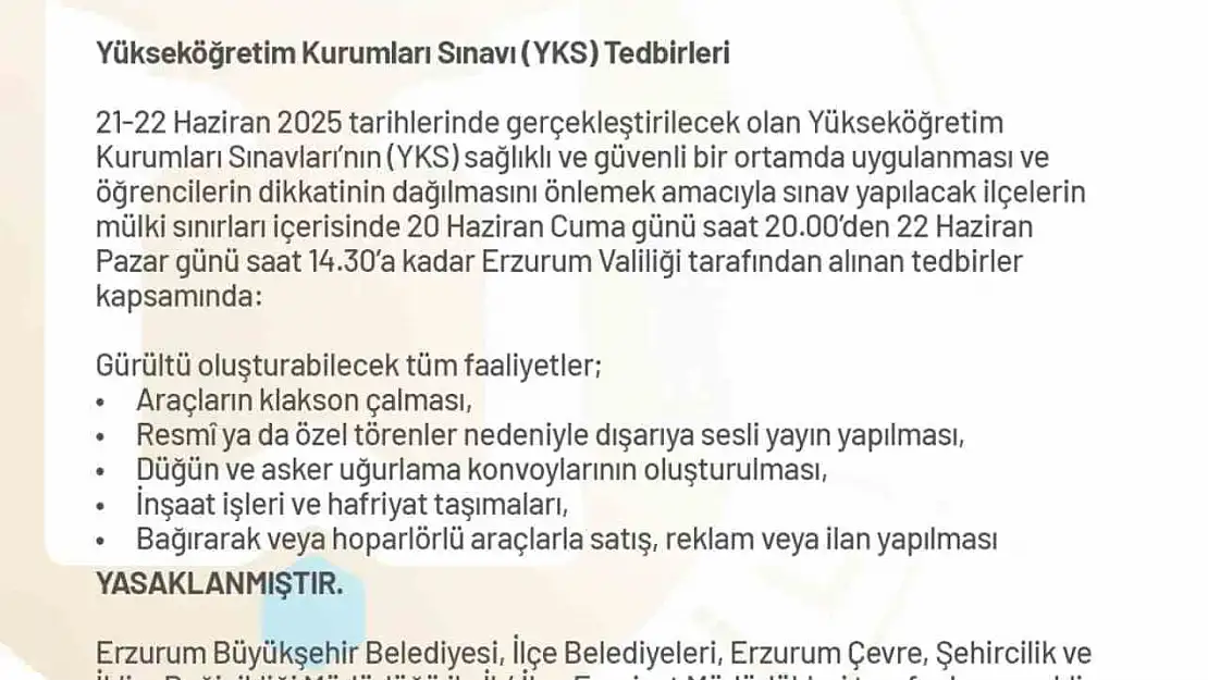Erzurum Valiliği'nden YKS İçin Özel Güvenlik Önlemleri Alındı!