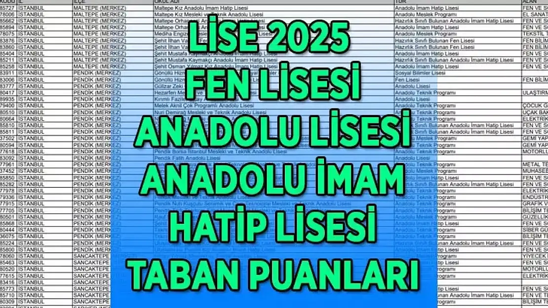 Fen Lisesi, Anadolu Lisesi, Anadolu İmam Hatip Lisesi İstanbul-Ankara-İzmir taban puanları ve başarı sıralamaları: 2025 LİSE TABAN PUANLARI VE YÜZDELİK DİLİMLER SON DURUM.