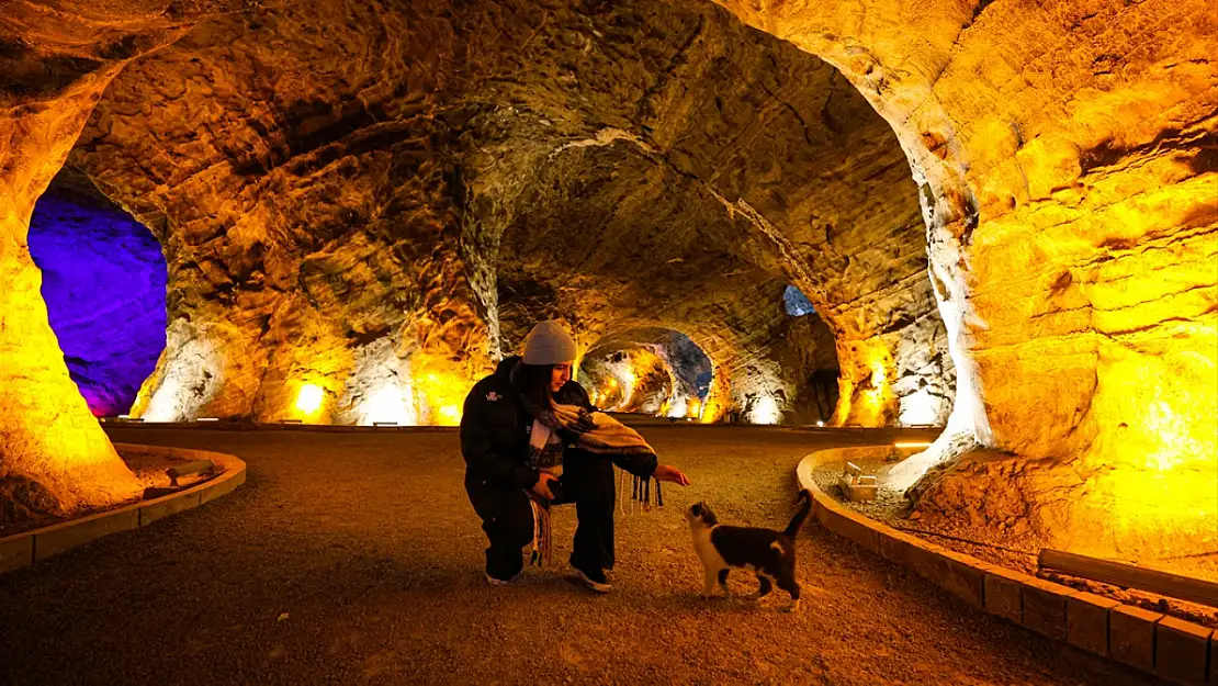 Iğdır Tuz Mağaraları'nın sevimli rehberi 'Duman' turistlere eşlik ediyor