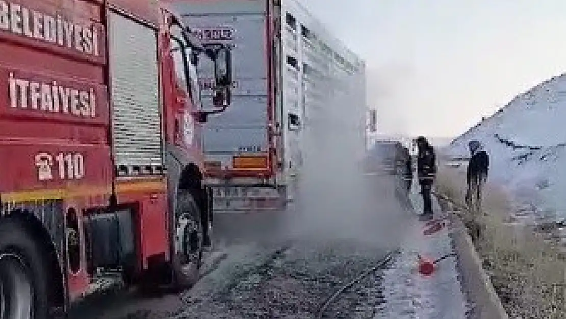 Kars'ta lastiği patlayan tır alev aldı
