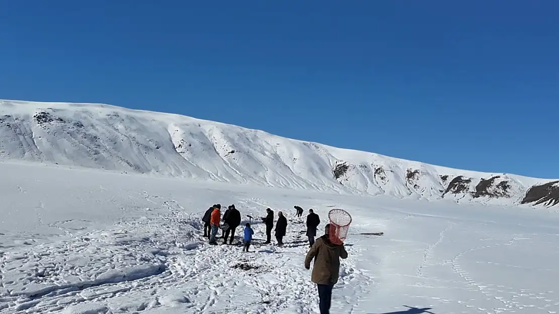 Van'da buz tutan gölette 'Eskimo' usulü balık avı keyfi