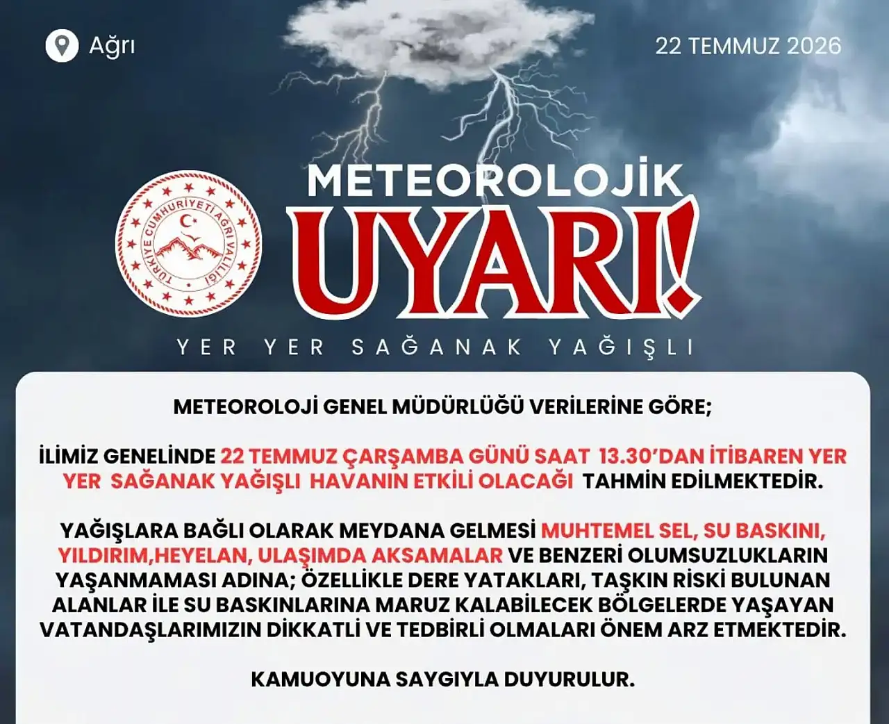 Ağrı Valiliği'nden kritik uyarı: Kuvvetli sağanak yağış geliyor
