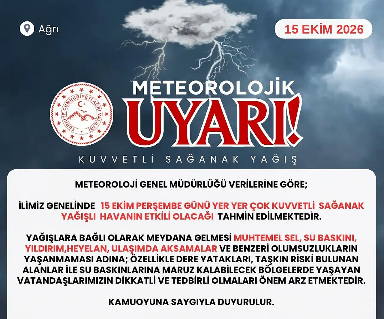 Ağrı için kuvvetli sağanak alarmı: Sel ve su baskını uyarısı!