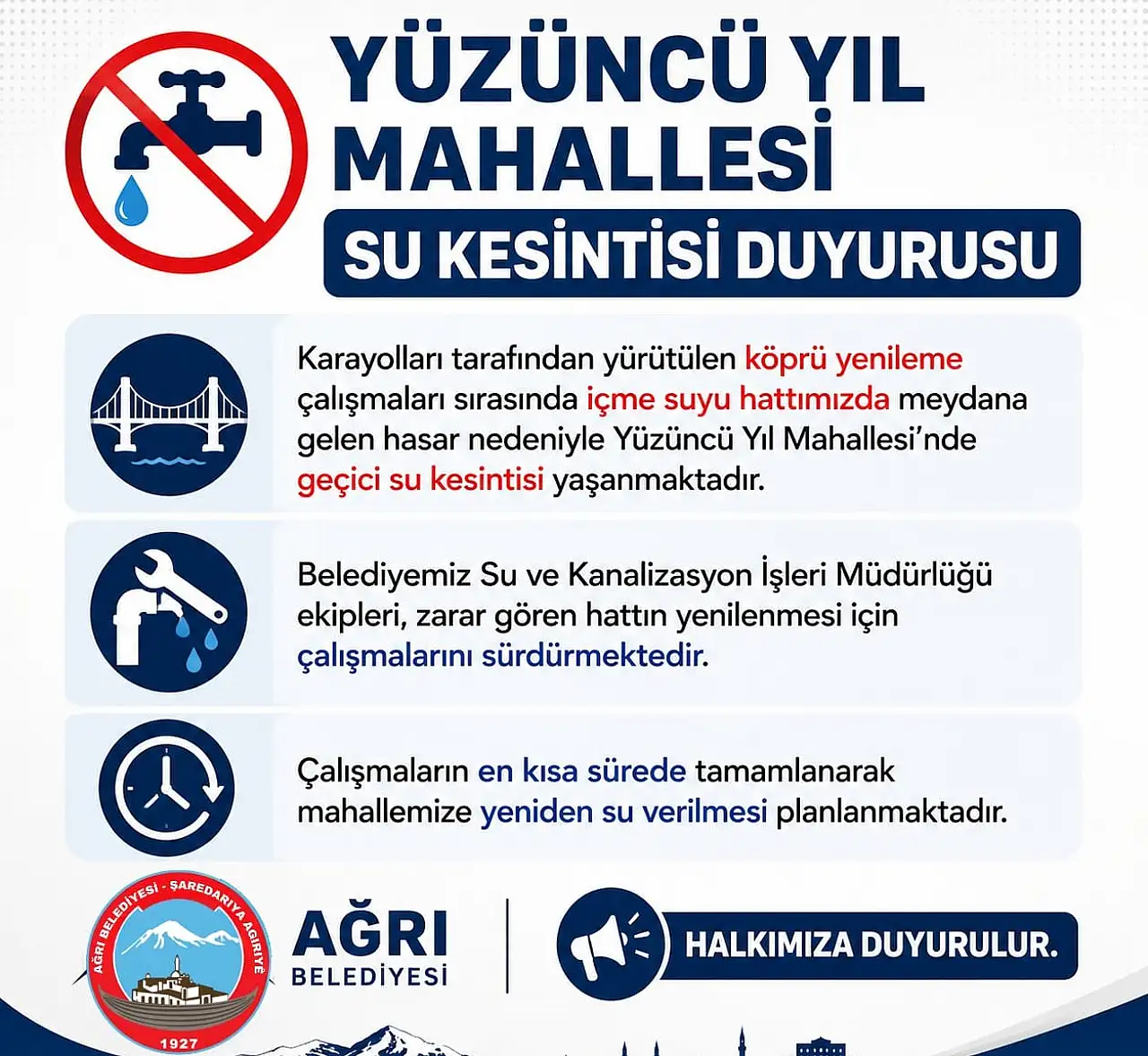 Yüzüncü Yıl Mahallesi'nde su kesintisi: Ekipler onarım için sahada