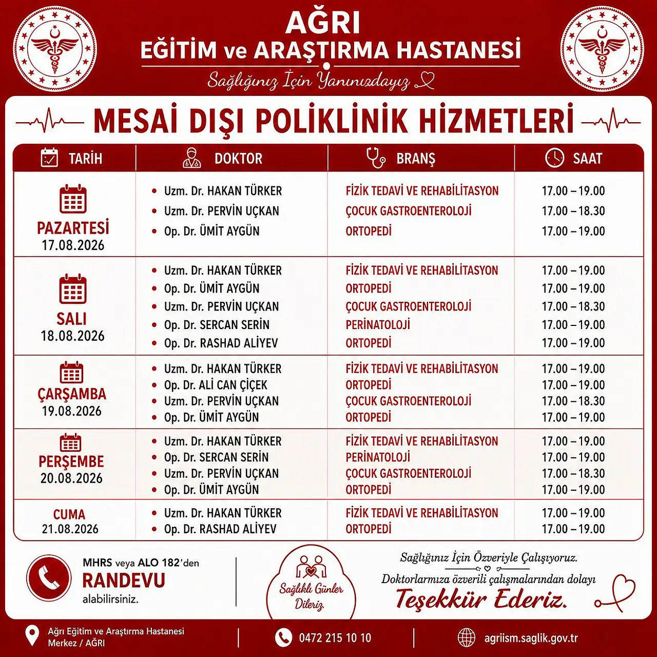 Ağrı Eğitim ve Araştırma Hastanesi'nde mesai dışı poliklinik hizmeti sürüyor