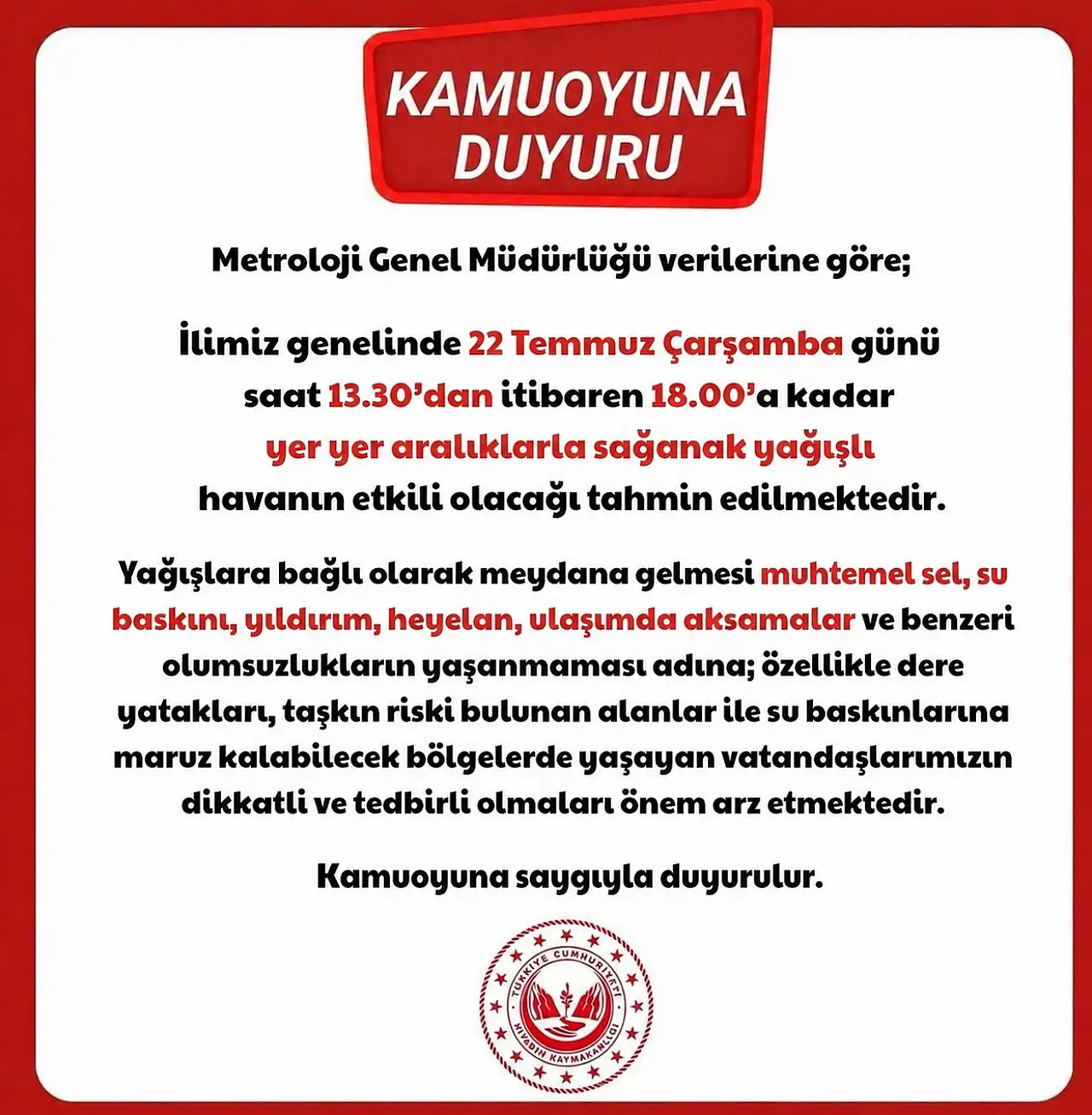 Diyadin için kritik sağanak yağış uyarısı