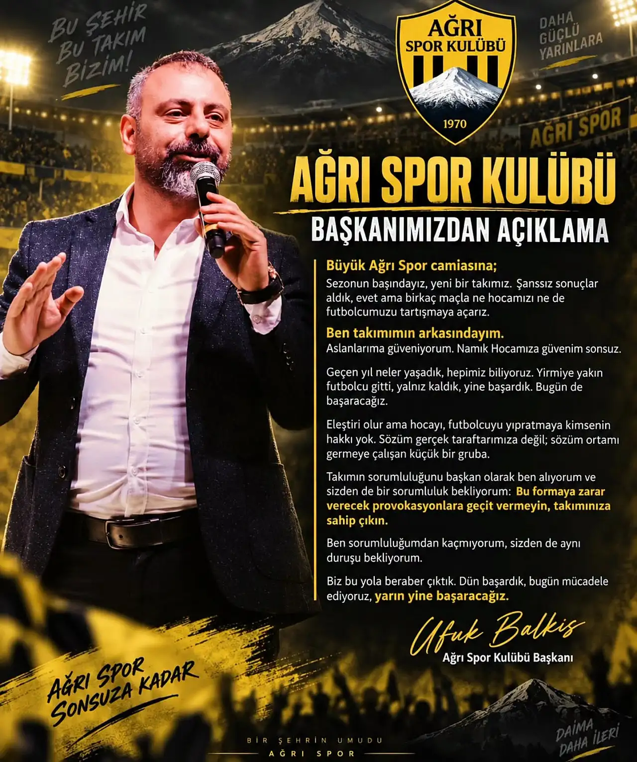 Ağrı 1970 Spor Başkanı Balkis'ten net mesaj: 'Takımımın arkasındayım'