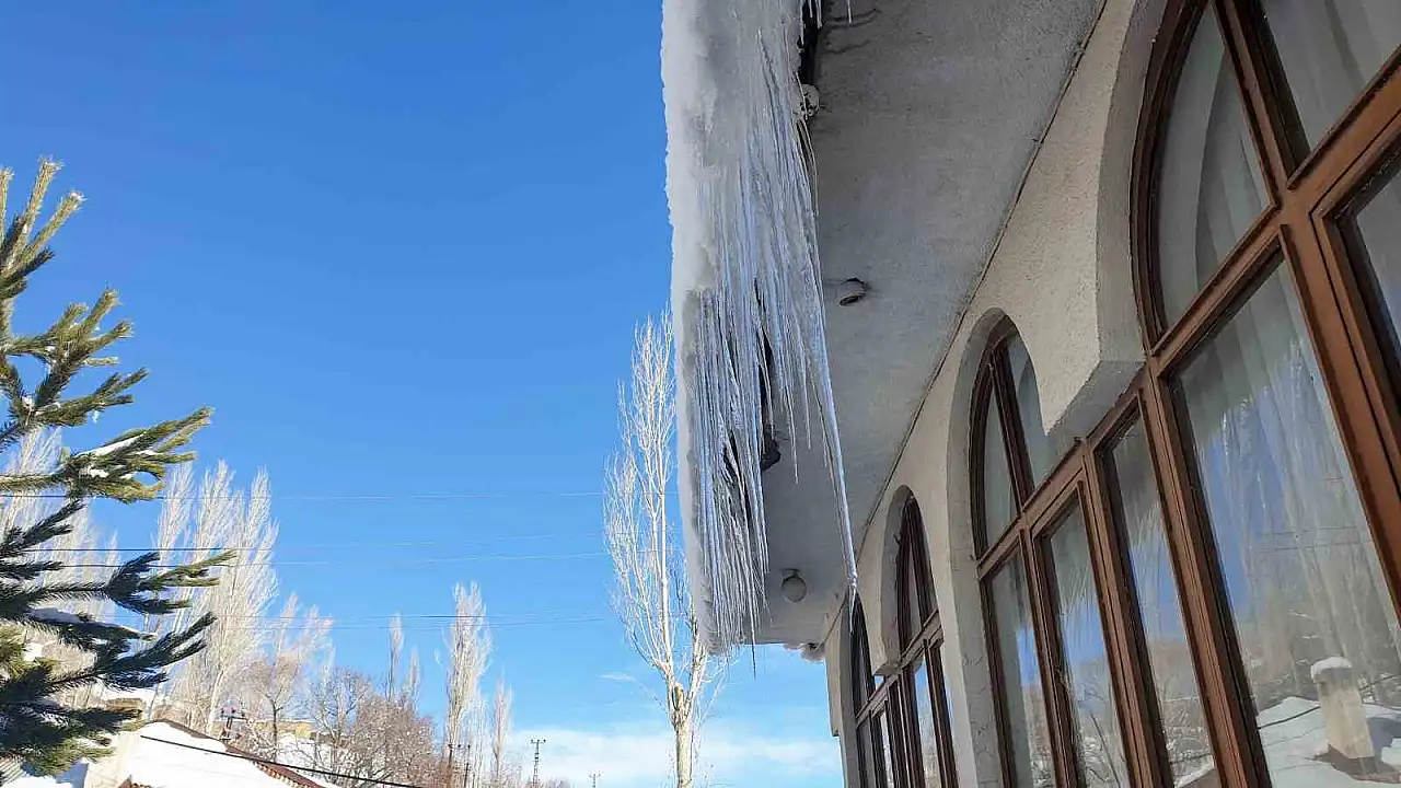 Başkale'de dondurucu soğuklar ağaçları, araçları ve çatılara buz sarkıtları oluşturdu