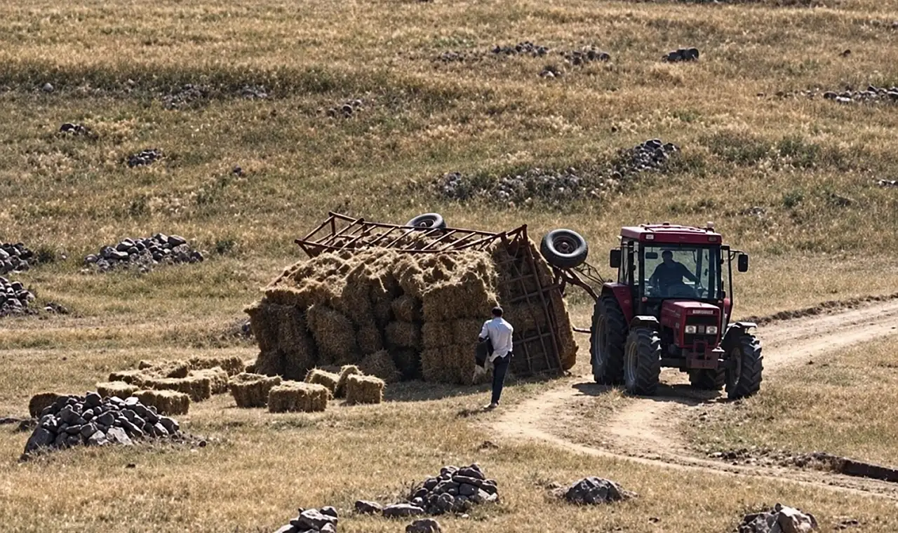 Ağrı-Kağızman yolunda balya yüklü römork devrildi! Facianın eşiğinden dönüldü