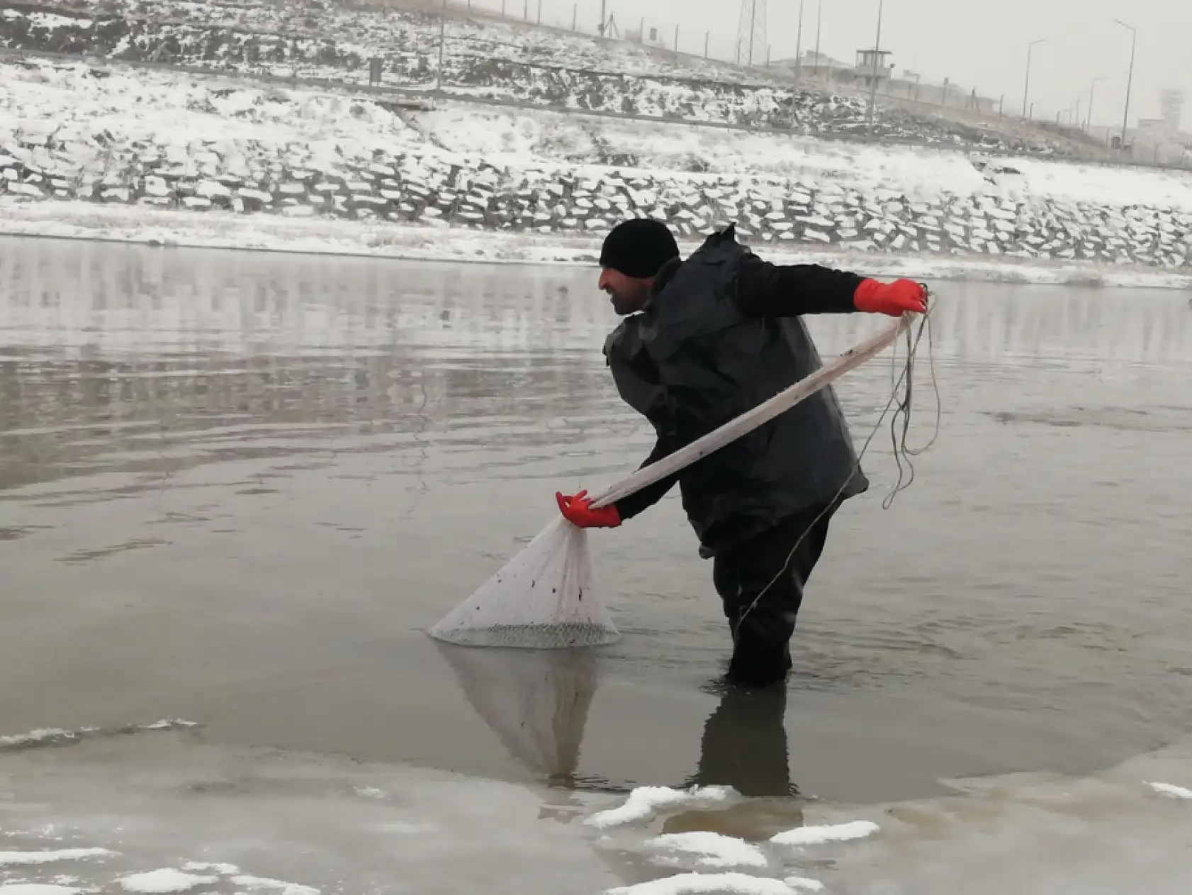 Ağrı Murat Nehri'nde buz üstünde balık avı
