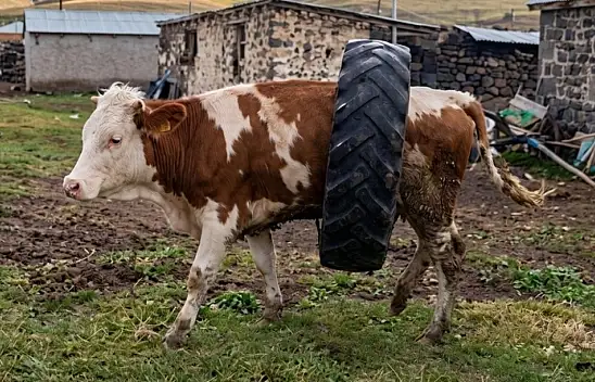 Kars'ta bir ineğin gövdesine traktör lastiği sıkıştı