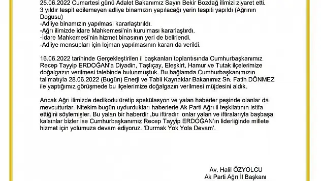 Ak Parti Ağrı İl Başkanlığı istifa haberlerine ilişkin açıklama yaptı