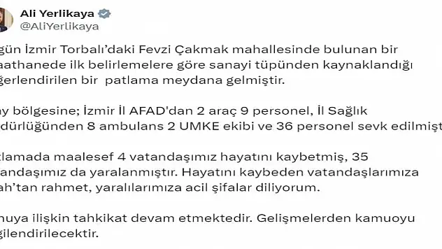 Bakan Yerlikaya: 'Patlamada maalesef 4 vatandaşımız hayatını kaybetti'