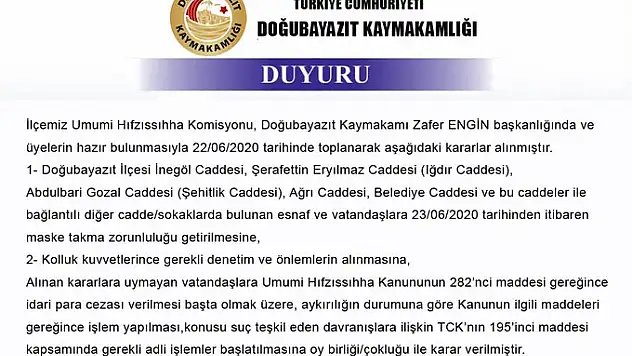 Doğubayazıt'ta maske takmak zorunlu hale getirildi