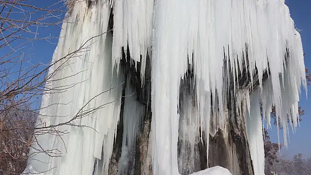 Ağrı'daki soğuk hava, mezarlıkta uzun buz sarkıtları oluşturdu