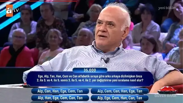Ege, Alp, Tan, Han, Cem ve Can alfabetik sıraya göre arka arkaya dizilmişken önce 2. ile 3.ve 4. ile 5. sonra 4. ile 2.yer değiştirirse yeni sıralama nasıl olur?