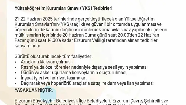 Erzurum Valiliği'nden YKS İçin Özel Güvenlik Önlemleri Alındı!