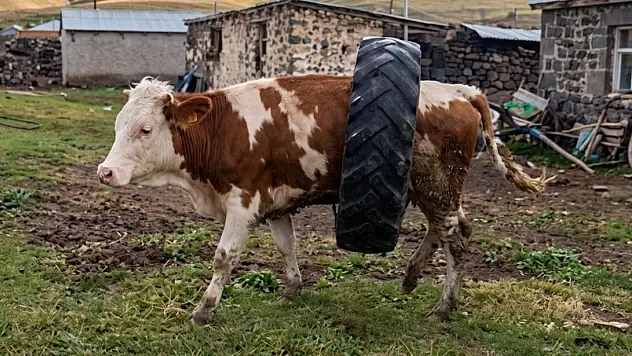 Kars'ta bir ineğin gövdesine traktör lastiği sıkıştı