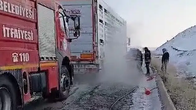 Kars'ta lastiği patlayan tır alev aldı