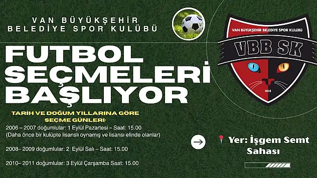 Van Büyükşehir Belediyespor'dan genç sporculara seçme fırsatı! 1-3 Eylül'de İŞGEM Sahası'nda!