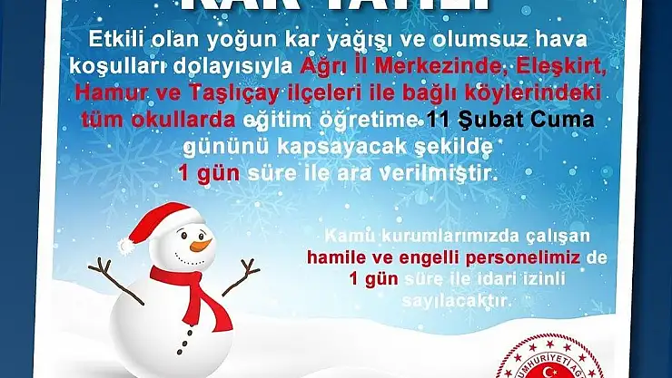 Ağrı'da eğitime kar engeli