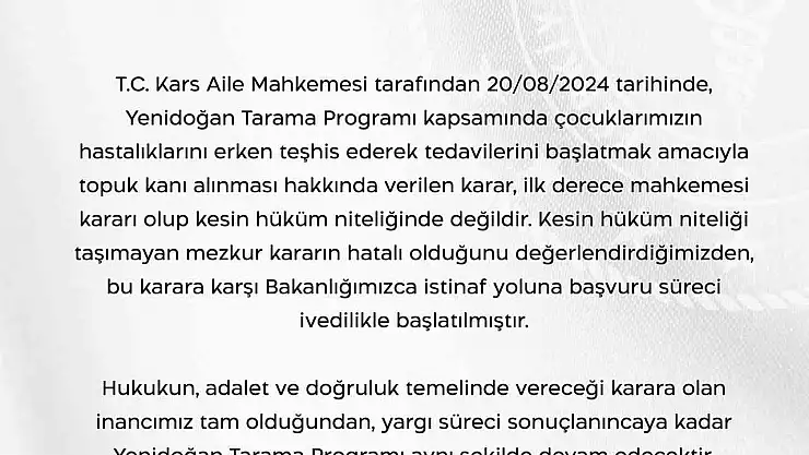 Sağlık Bakanlığından 'topuk kanı' kararına ilişkin açıklama