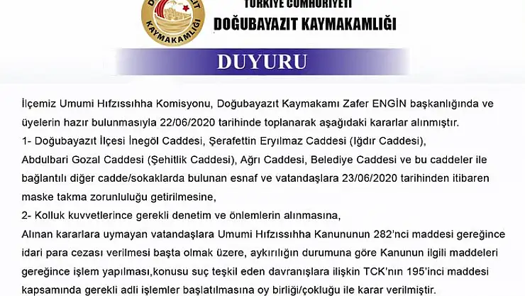 Doğubayazıt'ta maske takmak zorunlu hale getirildi