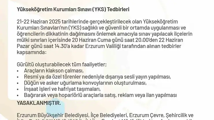 Erzurum Valiliği'nden YKS İçin Özel Güvenlik Önlemleri Alındı!