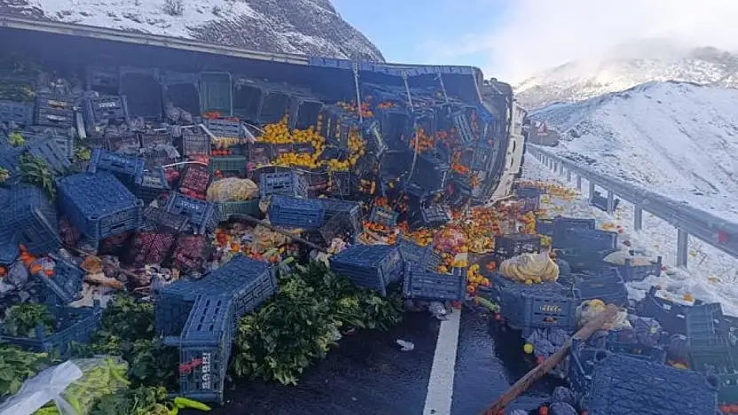 Ağrı yolu sebze tarlasına döndü: kamyon devrildi, tonlarca ürün ziyan oldu